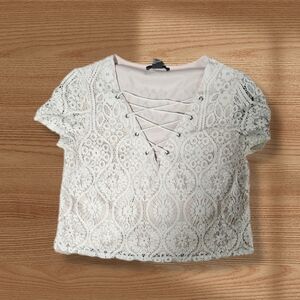 White Lace Cropped Shirt With V-neck